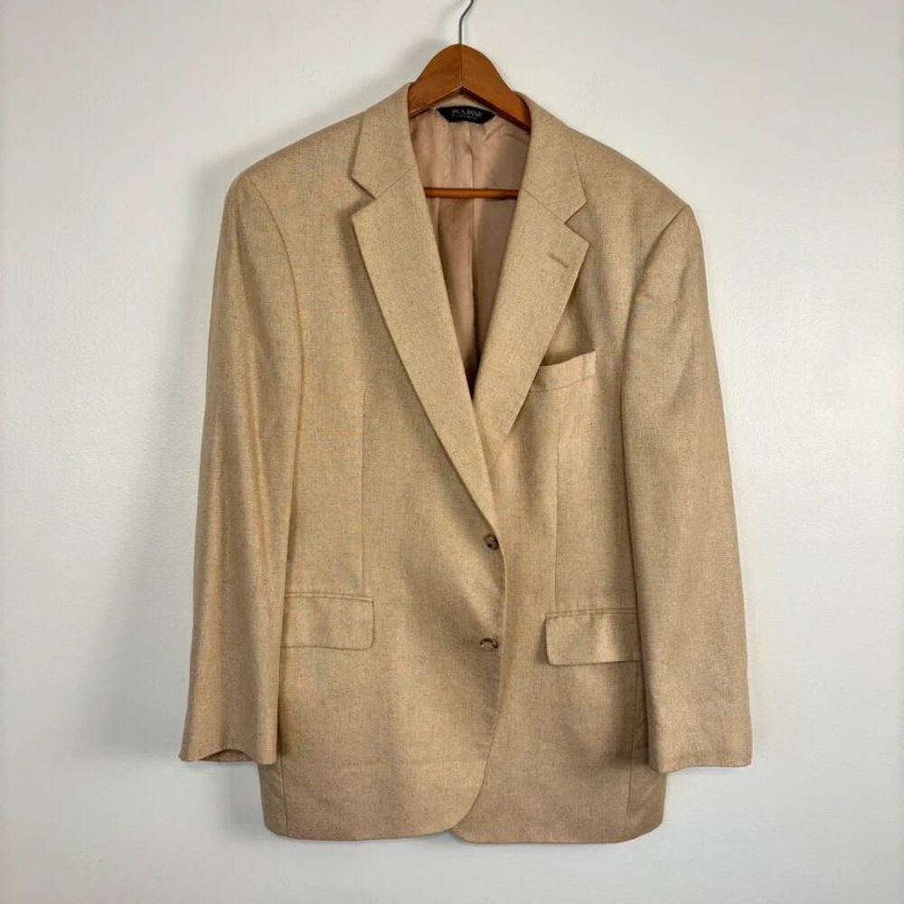 Jos A Bank Mens 43R Silk Blazer Jacket Beige Tan 2 Button Sport Coat Portugal